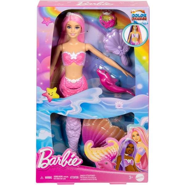 Barbie “Malibu” Mermaid Doll med färgskifte, delfin och tillbehör (HRP97)